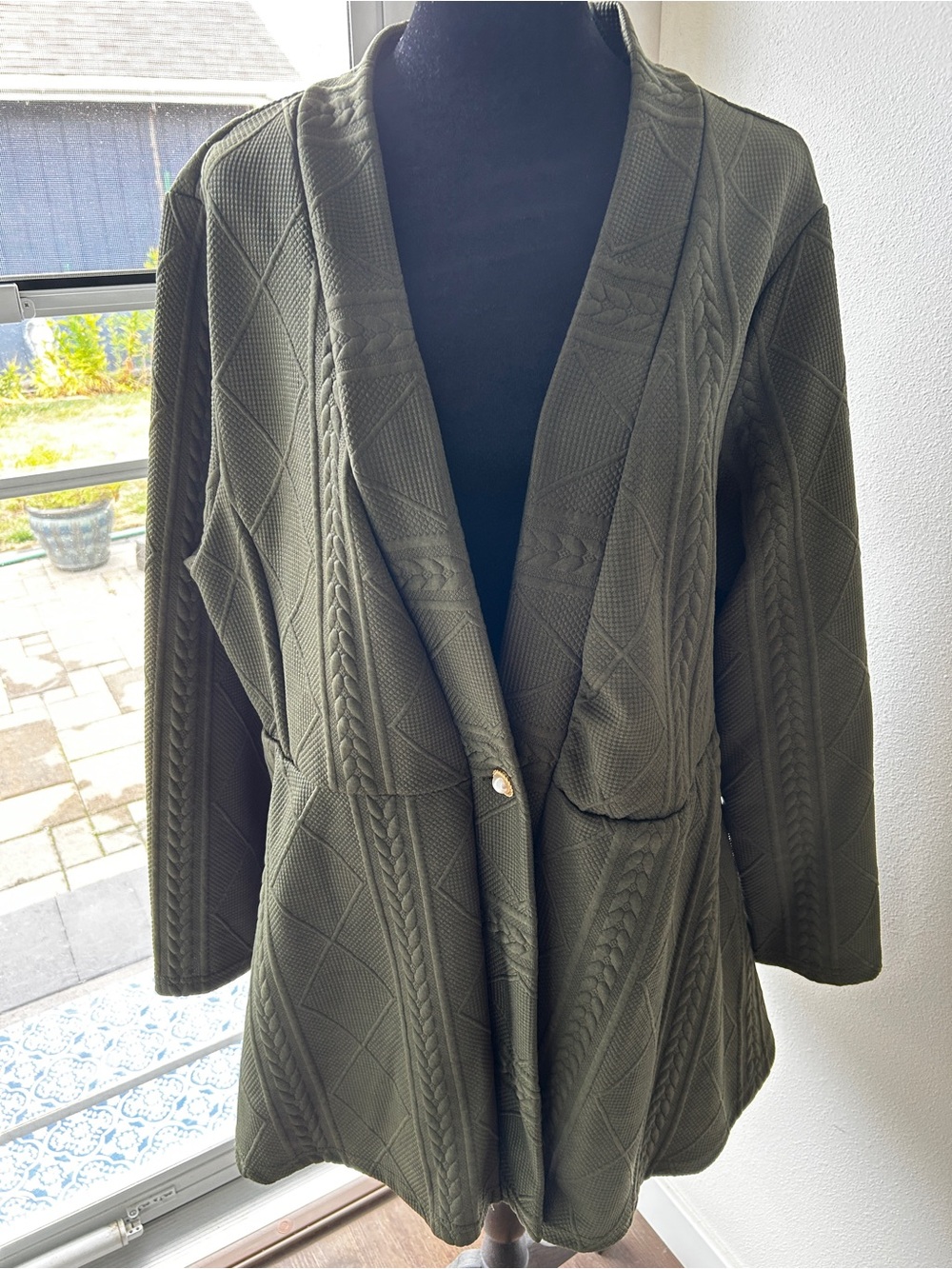 SHEIN Dark Olive Quilted Cable-Knit Open Blazer